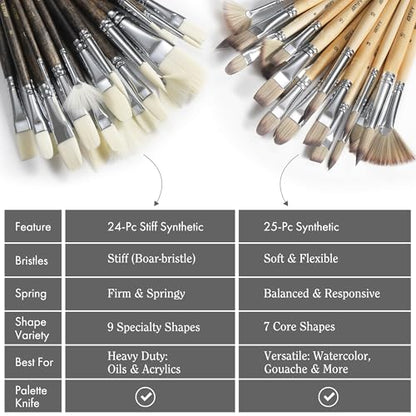 ARTIFY 24 Pieces Synthetic Hog Bristle Paint Brush Set – Expert Series Nylon Brushes for Acrylic, Oil Painting– No Shedding, Canvas Roll Case & Palette Knife, Artist Gifts Art Supplies - color: Brown- Synthetic Hog Bristle