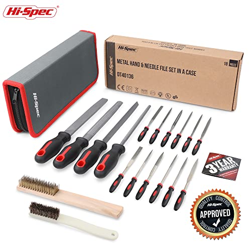 Hi-Spec 18 Piece Metal Hand & Needle Files Tool Set Kit. Large & Small Mini T12 Carbon Steel Diamond Flat, Half, Round, Triangle Files for DIY, Wood and Crafts. Complete In a Zipper Case with Brushes - size: 18 pieces