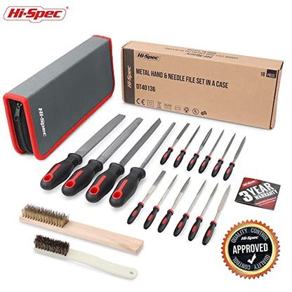 Hi-Spec 18 Piece Metal Hand & Needle Files Tool Set Kit. Large & Small Mini T12 Carbon Steel Diamond Flat, Half, Round, Triangle Files for DIY, Wood and Crafts. Complete In a Zipper Case with Brushes - size: 18 pieces
