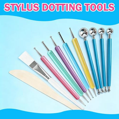 12PCS Dotting Tools Set, Clay Sculpting Tools with Double-Sided Ball Tips & 1.7OZ Air Dry Clay Glaze for Rock Painting, Pottery Embossing, Canvas Drawing & Clay Modeling Kit for Artists and Crafters