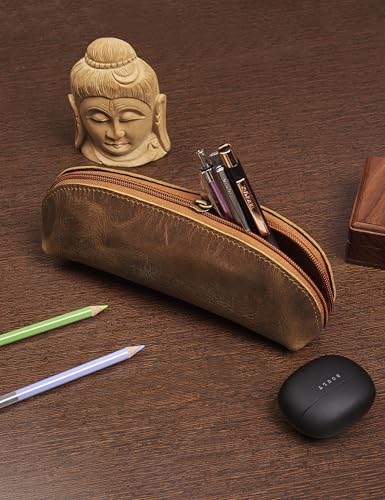 Leather Pencil Case -100% Leather Zippered Pen Pouch - Stationery Bag Pen Holder for Work & Office (Antique Brown 1) - color: Antique Brown 1