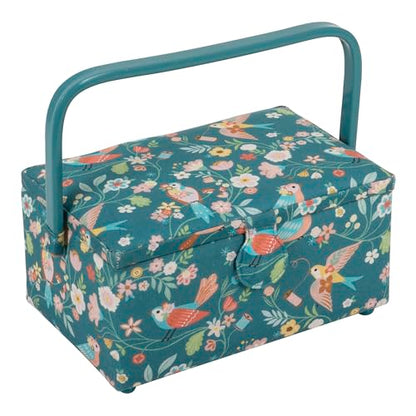 Hobby Gift Medium Sewing Box Organiser, Fabric Covered Storage Box with Handle, Internal Tray, Pin Cushion and Pocket for Sewing, Quilting and Knitting Supplies - color: Birds