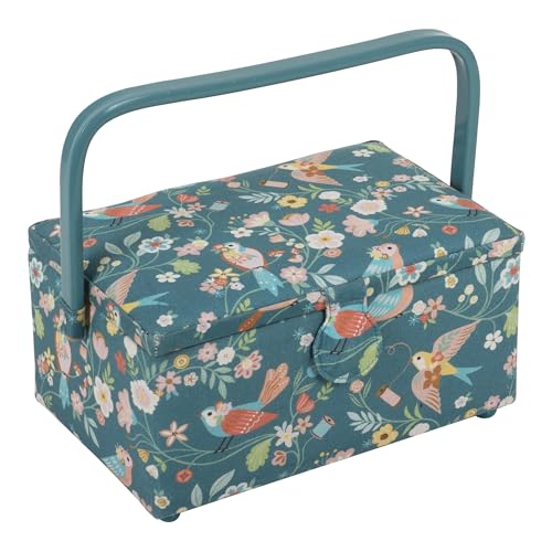 Hobby Gift Medium Sewing Box Organiser, Fabric Covered Storage Box with Handle, Internal Tray, Pin Cushion and Pocket for Sewing, Quilting and Knitting Supplies - color: Birds