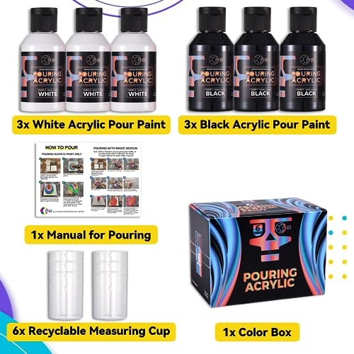 OPHIR Total 22.8OZ Acrylic Pour Paint Set, 3 Black and 3 White Premixed Acrylic Pouring Paint Supplies for Canvas, Rocks, Wood, Glass, Paper, Crafts, Water Based Ready to Pour White or Black Paints - color: 3 Black & 3 White Set