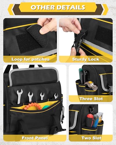 12-Inch Tool Bag with Hard Bottom, Electrician Tool Box Organizer with Detachable Divider, Multi-Purpose Work Tote for Mechanics, Carpenters, Plumbers, Black