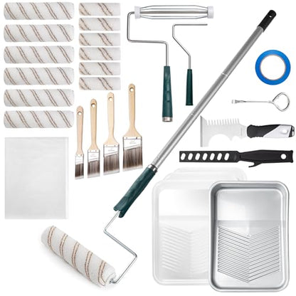 Mister Rui 28 Pack Paint Roller Kit with Extension Pole, 4" & 9" Paint Roller with Tray, Professional Paint Brushes Set, Painting Supplies for Home Interior, Walls, Ceilings