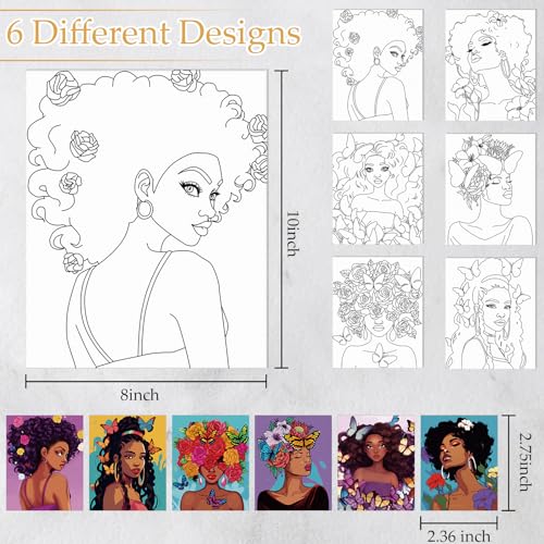 Dinifee 6 Pack Pre Drawn Canvas for Painting Pre Printed Canvas Kit 8 x 10 Inch Stretched Cotton Paint and Sip Set for Adults Couple Party Graduation Summer Date Night(Flower Lady) - style: Flower Lady