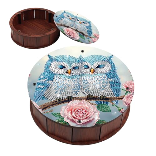 JZHYOAN DIY Animal Diamond Art Snack Box with Lid Owl Special Pattern Wood Container Holder Movie Snack Tray Organizer Desktop Snack Storage Handmade Art Decoration for Home Bedroom Relaxing Leiture - color: Light Blue Owl