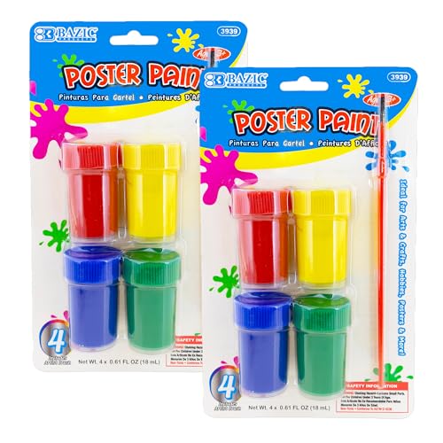 BAZIC PRODUCTS 4-Color Poster Paint Set with Brush, 2-Pack | set of 4 poster paint colors, 0.6 fl oz each, brush for kids crafts and art projects - size: 2-Pack