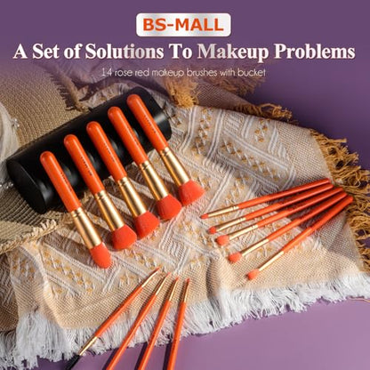 BS-MALL Makeup Brush Set 14 Pcs With Case - Foundation Brush, Concealer Brush, Blush Brush & Flawless Application – Complete Luxury Cosmetic Brush Kit For Travel & Daily Use - color: Orange