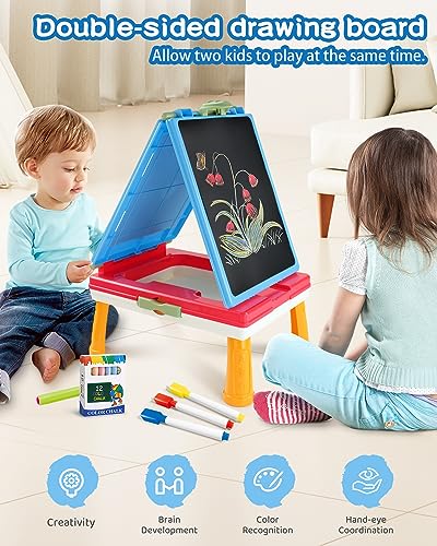 Elovien Easel for Kids, 4 in 1 Double Sided Toddler Art Easel with Chalkboard & Magnetic Whiteboard, Foldable Kids Tabletop Easel with Drawing & Writing Accessories - Gift for Boys and Girls (Blue) - color: Blue