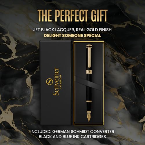 Scriveiner Luxury Fountain Pen - Stunning Black Lacquer Pen, Real Gold Finish, Schmidt Gilded Nib (Fine), Converter, Best Pen Gift Set for Men & Women, Professional, Executive, Office, Nice Pens - color: 1. Black with Gold, style: Fine Nib