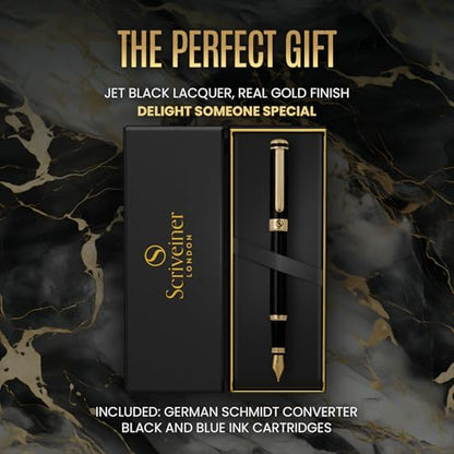 Scriveiner Luxury Fountain Pen - Stunning Black Lacquer Pen, Real Gold Finish, Schmidt Gilded Nib (Fine), Converter, Best Pen Gift Set for Men & Women, Professional, Executive, Office, Nice Pens - color: 1. Black with Gold, style: Fine Nib
