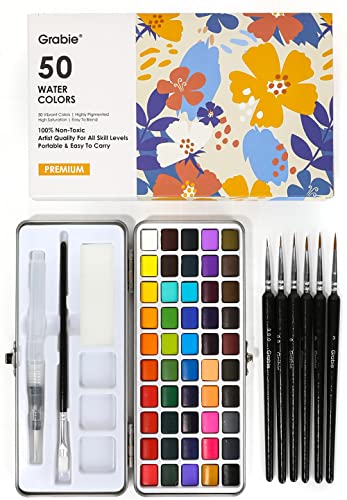 Grabie 50 Colors Watercolor Paint Set, Detail Paint Brush Included, Watercolor Paints, Painting Sets, Art Supplies for Painting, Travel Watercolor Set, Amateur Hobbyists - color: 50 Colors