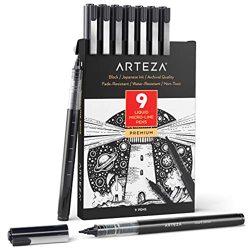 ARTEZA Micro-Line Ink Pens, Set of 9, Black Fineliners with Japanese Archival Ink, Art Supplies for Comic Artists and Illustrators - size: 1 Count (Pack of 9)