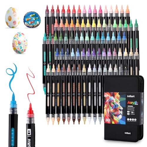 Dual-Tip Acrylic Paint Markers, Acrylic Paint Pens, High Coverage for Rock, Fabric, Ceramic, Glass, Wood, Canvas, Scrapbooking & DIY Art Supplies – Soft Brush & Fine Tip (80 Colors) - color: 80 Colors