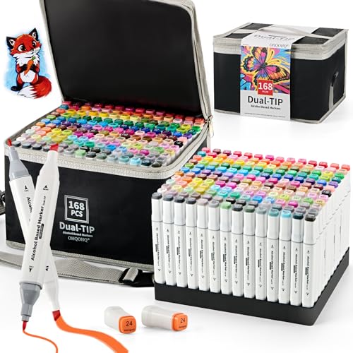 Alcohol Markers Set 168 Colors with Case & Pen Holder, Dual Tip Alcohol Based Art Markers, Chisel & Fine Tip Coloring Markers for Adult Coloring Books, Drawing, Illustration, Art Supplies - color: 168 colors pens
