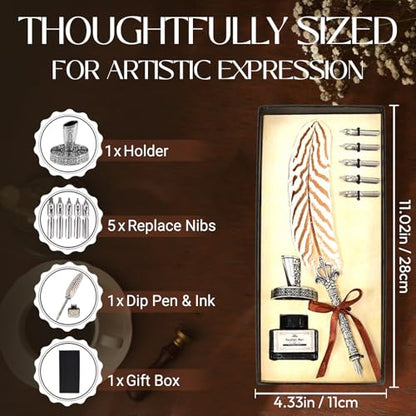 Joyeee Writing Quill and Ink Set, With Stainless Steel Replaceable Nibs, Sliver Metal Carving Pen Holder, Feather Pen Ink for Beginners and Calligraphy Enthusiasts, Retro Writing and Drawing Tool - color: Beige Quill Pen Set