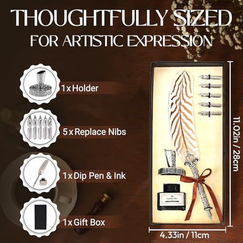 Joyeee Writing Quill and Ink Set, With Stainless Steel Replaceable Nibs, Sliver Metal Carving Pen Holder, Feather Pen Ink for Beginners and Calligraphy Enthusiasts, Retro Writing and Drawing Tool - color: Beige Quill Pen Set