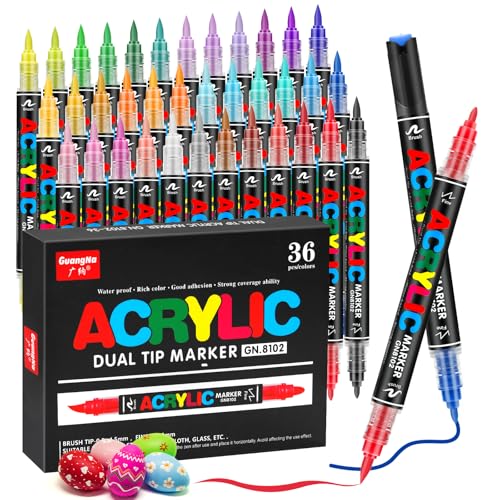 JRQ 36 Colors Acrylic Paint Markers Dual Tip, 4g Large Capacity, Brush & Fine Tip Paint Pens for Wood, Rock Painting, Glass, Canvas, Ceramic, Fabric, Plastic, Coloring Book Art Supplies