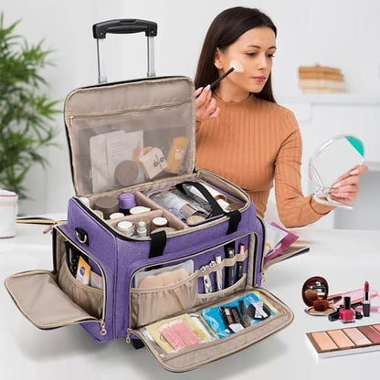 LUXJA Rolling Makeup Case with 3 Removable Pouches and 1 Makeup Brush Bag, Large Makeup Bag Cosmetic Bag with Detachable Dolly (Patented), Purple - color: Purple