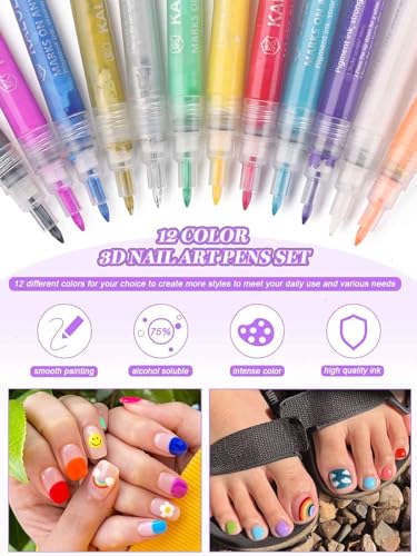 12 Color 3D Nail Art Pens Set, Kalolary Nail Point Graffiti Dotting Pen Drawing Painting Liner Brush for DIY Nail Art Beauty Adorn Manicure Tools - color: C
