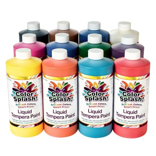 S&S Worldwide Color Splash! Liquid Tempera Bulk Paint, Set of 12 in 11 Bright Colors, 32-oz Easy-Pour Bottles, Great for Arts & Crafts, School, Classroom, Poster Paint, For Kids & Adults, Non-Toxic. - size: 32 Fl Oz (Pack of 12)