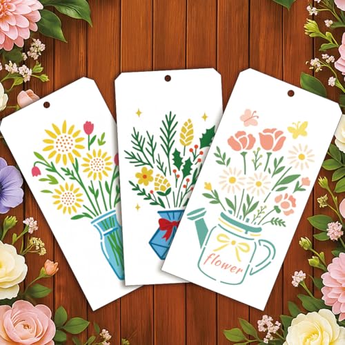 12 Sheets Vase Bouquet Painting Stencils, 12 Styles Roses Sunflowers Tulips Drawing Templates Wildflower Reusable PET Art Stencils for Painting on Wall Wood Home Decor - style: Vase Bouquet