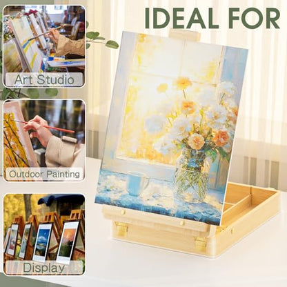 LUCYCAZ Tabletop Easel for Painting, Adjustable Wooden Sketchbox Art Easel, Portable Desktop Painting Easel for Adult, Student, Artist, Beginner