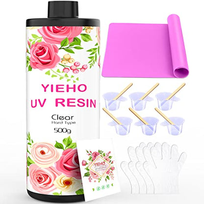 YIEHO 500g UV Resin Kit-Bulk Crystal Clear Hard UV Fast Curing Epoxy Resin Supplies with Mat for Craft Jewelry Making - size: 500g