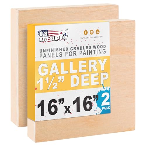 U.S. Art Supply 16" x 16" Unfinished Cradled Wood Panels for Painting, Gallery 1-1/2" Deep (2 Pack) - Artist Depth Wooden Wall Canvases - Mixed-Media Craft, Acrylic, Oil, Encaustic, Paint Pouring - size: 16" x 16", style: Square
