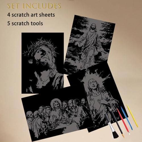 Religious Scratch Art Set for Adults, 4 Sheets Jesus Theme, 16 x 11.2 Inch Black Scratch Off Paper - style: Religious