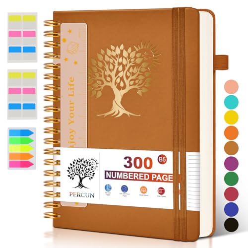 PERCUN B5 Spiral Notebook 300 Numbered Lined Pages Hardcover Journal 7"x10" | College Ruled Spiral Bound Notebook with Tabs, Large Leather Journal for Women Men, Work, School, Travel,Writing,Note Taking - color: Brown, size: B5 size (7in x 10in)