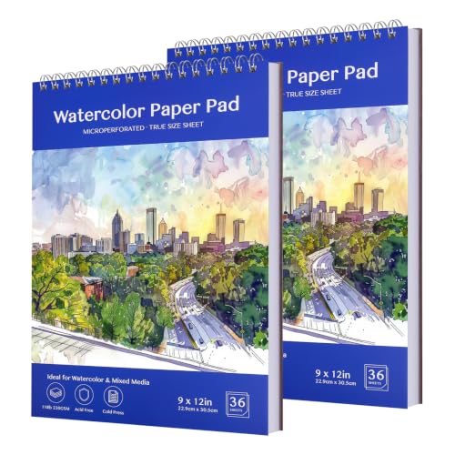 Beznh Watercolor Paper Pad 9x12 Inches,36 Sheets 110lb/230G Cold Press Watercolor Paper, Acid Free Watercolor Sketchbook for for Acrylic, Gouache & Pencil, Art Supplies for Adults Kids (2 Pack)