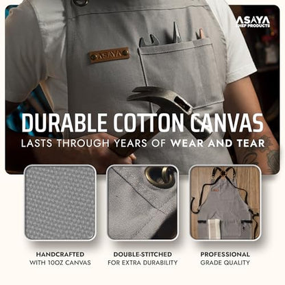 Asaya Chef and BBQ Apron with Bottle Opener and Hand Towel - 10oz Cotton Canvas, Stainless Steel Hardware - Cross Back Straps - color: Grey