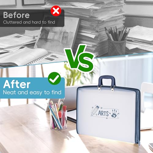 11x17 Accordion File Organizer with 13 Pockets, Art Portfolio with Handle & Zipper Closure, Oxford-Trimmed Frosted Translucent Style (1-Pack)