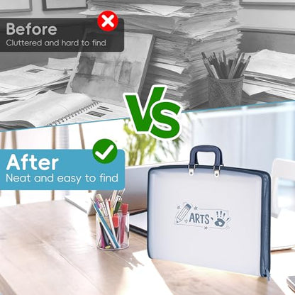 11x17 Accordion File Organizer with 13 Pockets, Art Portfolio with Handle & Zipper Closure, Oxford-Trimmed Frosted Translucent Style (1-Pack)
