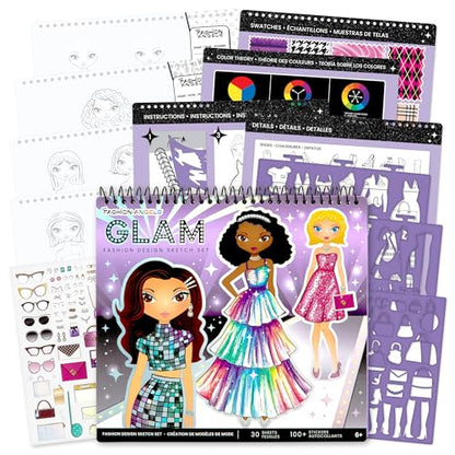 Fashion Angels Glam Fashion Sketch Set, Includes Sketch Pad with Stencils & Stickers, Fashion Design Sketch Book for Girls, Ideal Drawing Kit for Kids - color: Glam Fashion