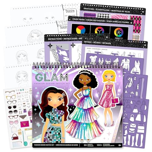 Fashion Angels Glam Fashion Sketch Set, Includes Sketch Pad with Stencils & Stickers, Fashion Design Sketch Book for Girls, Ideal Drawing Kit for Kids - color: Glam Fashion
