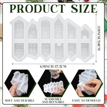 Reallnaive Mini Christmas Village House Silicone Mold Set 12 DIY Small Non Stick House Casting Crafts Soap Making Mold for Xmas Home Table Decoration Indoor(Classic)