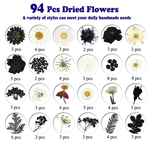 94 Pcs Black Pressed Dried Flowers for Resin Molds, Real Natural Flowers Leave for DIY Crafts, Jewelry, Candle, Soap Making Gifts - color: Black