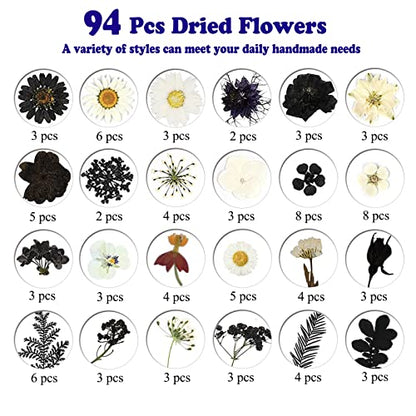 94 Pcs Black Pressed Dried Flowers for Resin Molds, Real Natural Flowers Leave for DIY Crafts, Jewelry, Candle, Soap Making Gifts - color: Black
