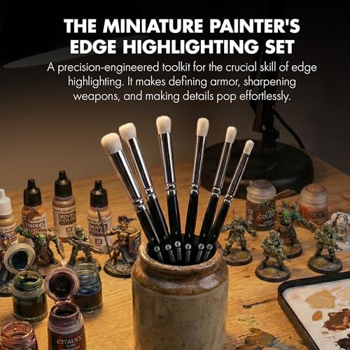 6-Piece Dry Brush Set - Model Paint Brushes, Professional Miniature Painting Brushes, Sleek Black Handles, Chrome Ferrules, Round Synthetic Bristles & Includes Storage Sleeve for Organization