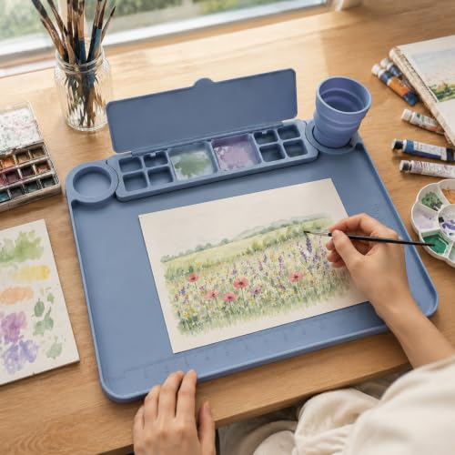 Silicone Painting Mat with Cup and Palette Removable, 17"X13" Thick Silicone Art Mat for Craft with Raised Edge for Resin DIY Making, Gray - color: Gray