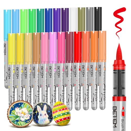Betem Paint Markers Acrylic Paint Pens, 24 Colors Brush Tip Water Based Markers with Automatic Ink System, Opaque Color Permanent Marker, Art Supplies for Rock Painting, Wood, Fabric, DIY Crafts Gift - style: 24 Colors Paint Markers