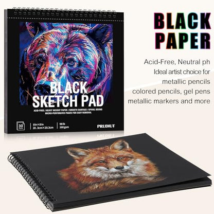 30 Sheets Black Paper Sketchbook, 98lb/160gsm Heavyweight Black Sketch Pad 8×8in, Acid-Free Drawing Paper, Spiral Bound Sketch Book for Teens, Artist - size: 8×8 Inch (1 pack)