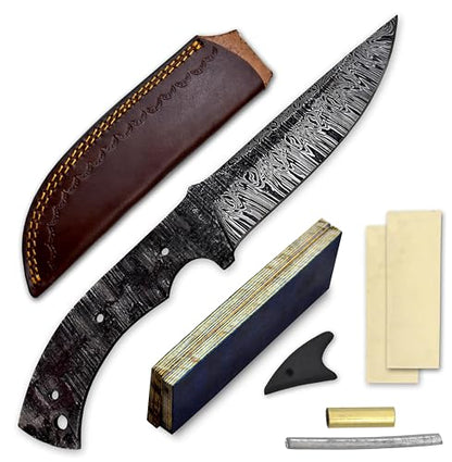 Custom Hand Forged Damascus Steel Blank Blade Knife Making Kit Hunting Knife Leather sheath, Pin, Scale, Camping Blade Damascus Blade Billet Handmade Knives Making Supply (BK-K) - color: BK-K