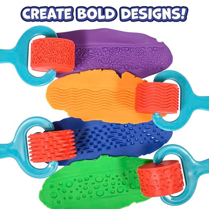 READY 2 LEARN Paint & Dough Explorers | 4 Patterns | Set 1 | Imagine Colors | Chunky Texture Rollers for Kids | Paint, Ink and Play Dough Accessories