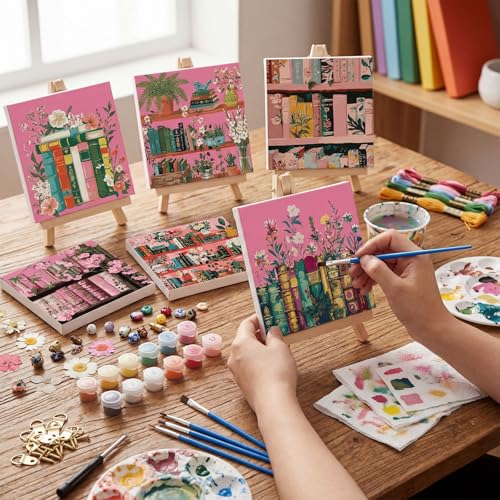 YooNotee 6 Pack Paint by Numbers Kit for Adults Pink Bookshelf Adult Paint by Number Kits for Women on Canvas Book DIY Acrylic Painting on 8x8 Inch Canvas with Wooden Easels & Brushes, Home Wall Decor - style: Bookcase