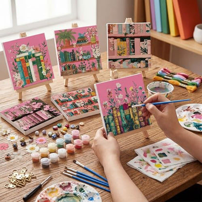 YooNotee 6 Pack Paint by Numbers Kit for Adults Pink Bookshelf Adult Paint by Number Kits for Women on Canvas Book DIY Acrylic Painting on 8x8 Inch Canvas with Wooden Easels & Brushes, Home Wall Decor - style: Bookcase